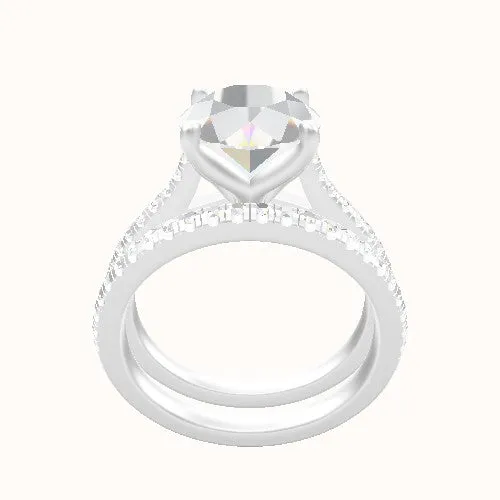 Pave Cathedral Engagement Ring With Petal Four Prong Head and Matching Band