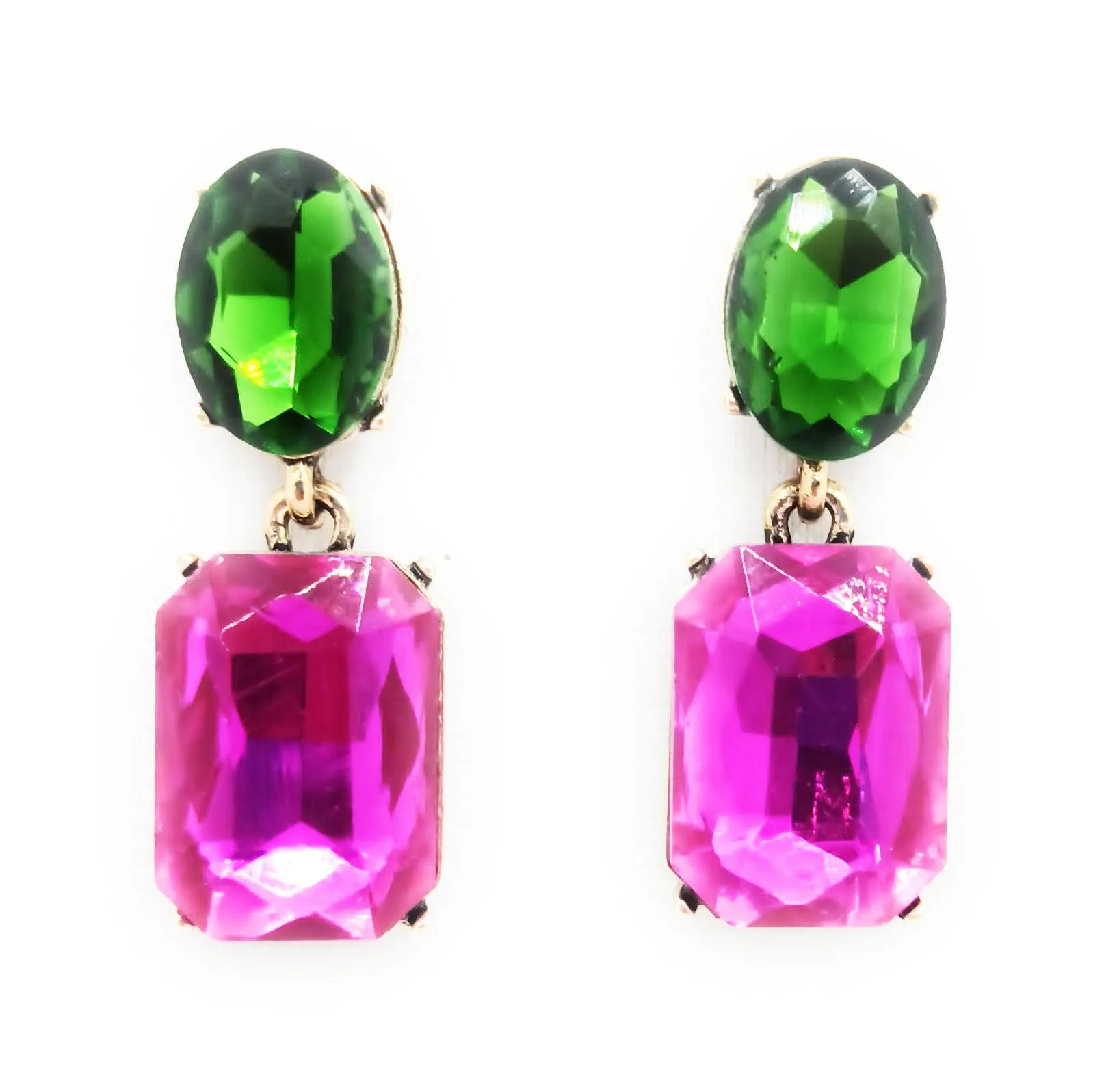 Pendientes Cristales Facetados Brillantes · Verde Bosque Fucsia