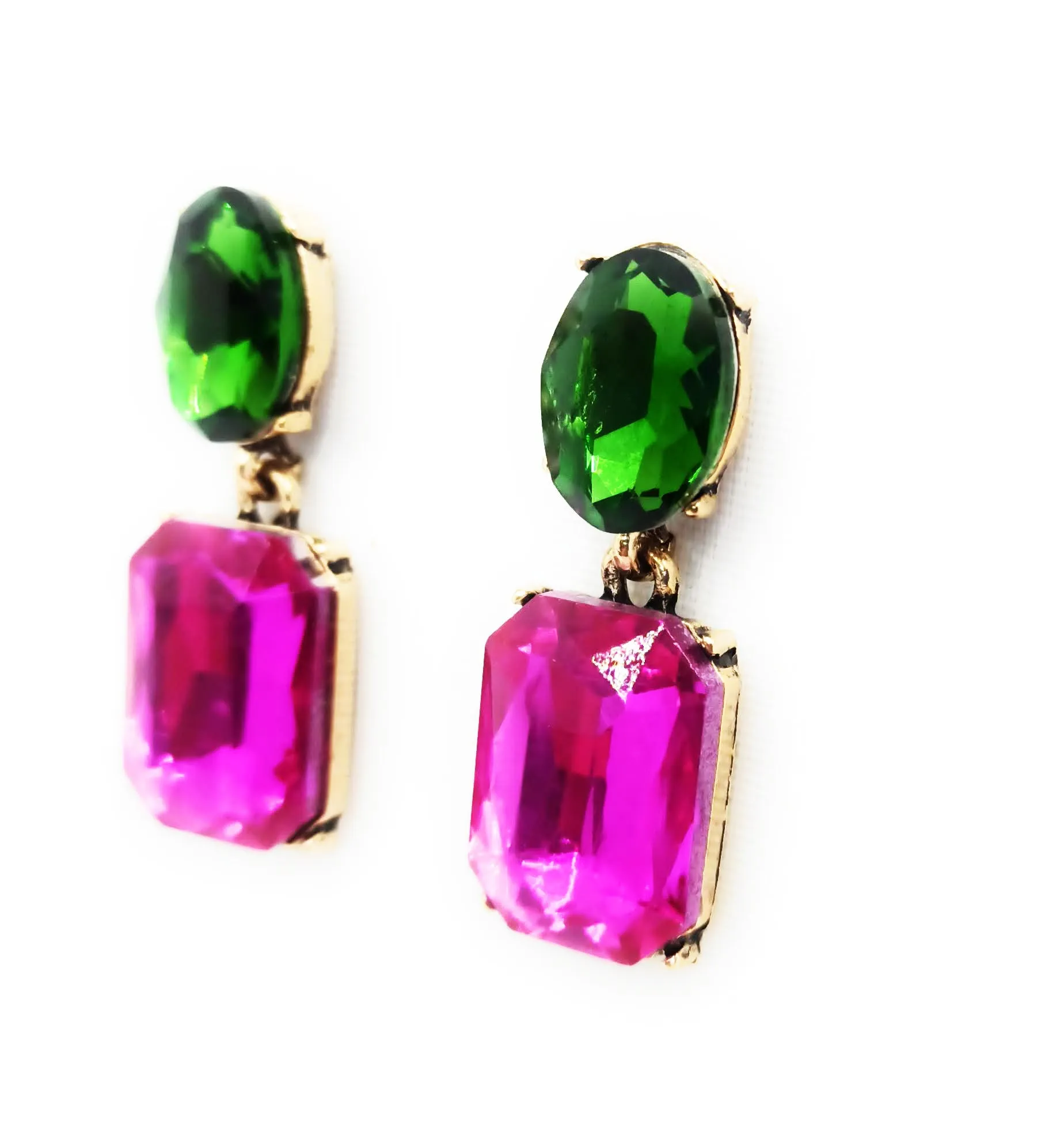 Pendientes Cristales Facetados Brillantes · Verde Bosque Fucsia