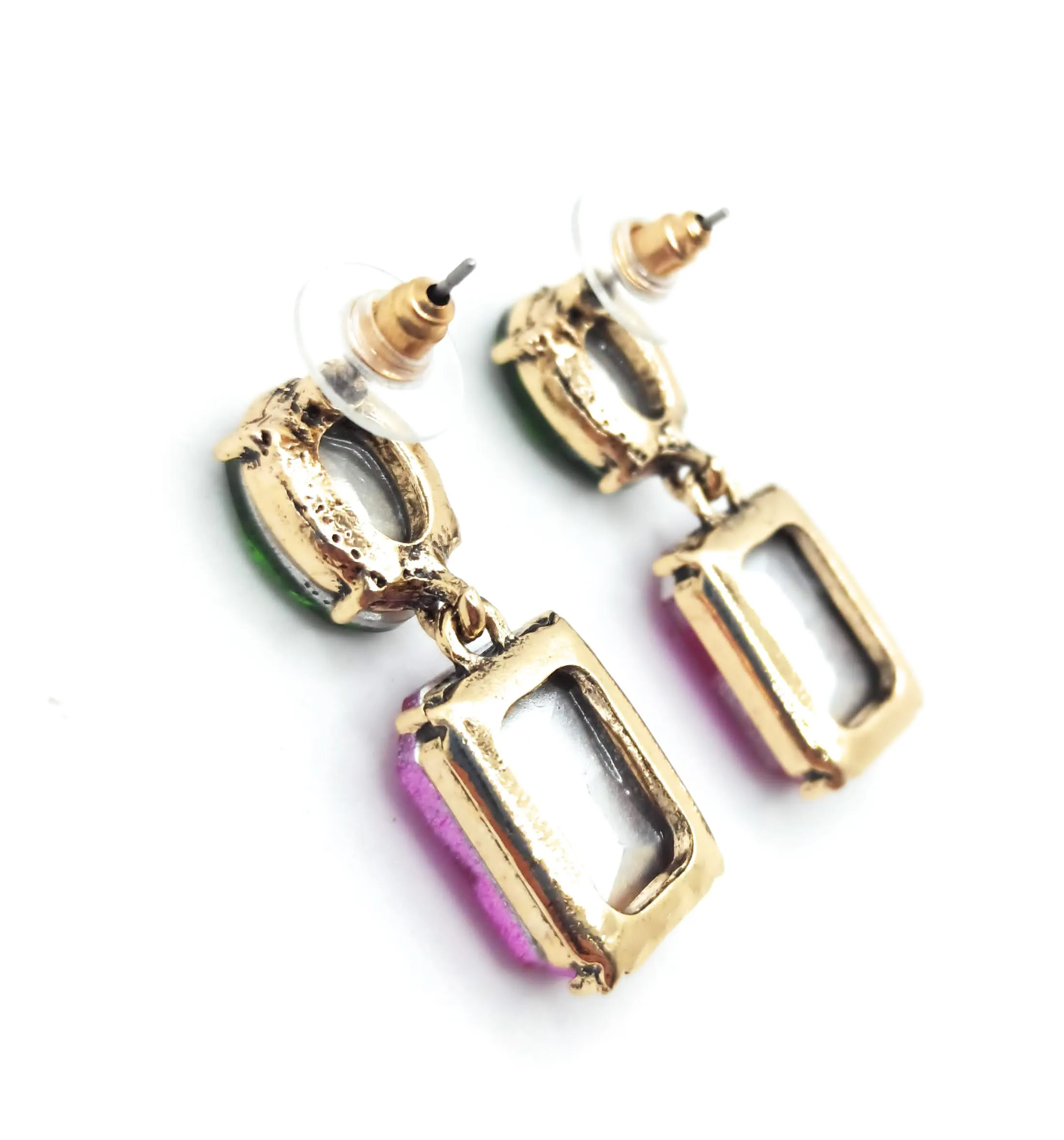 Pendientes Cristales Facetados Brillantes · Verde Bosque Fucsia