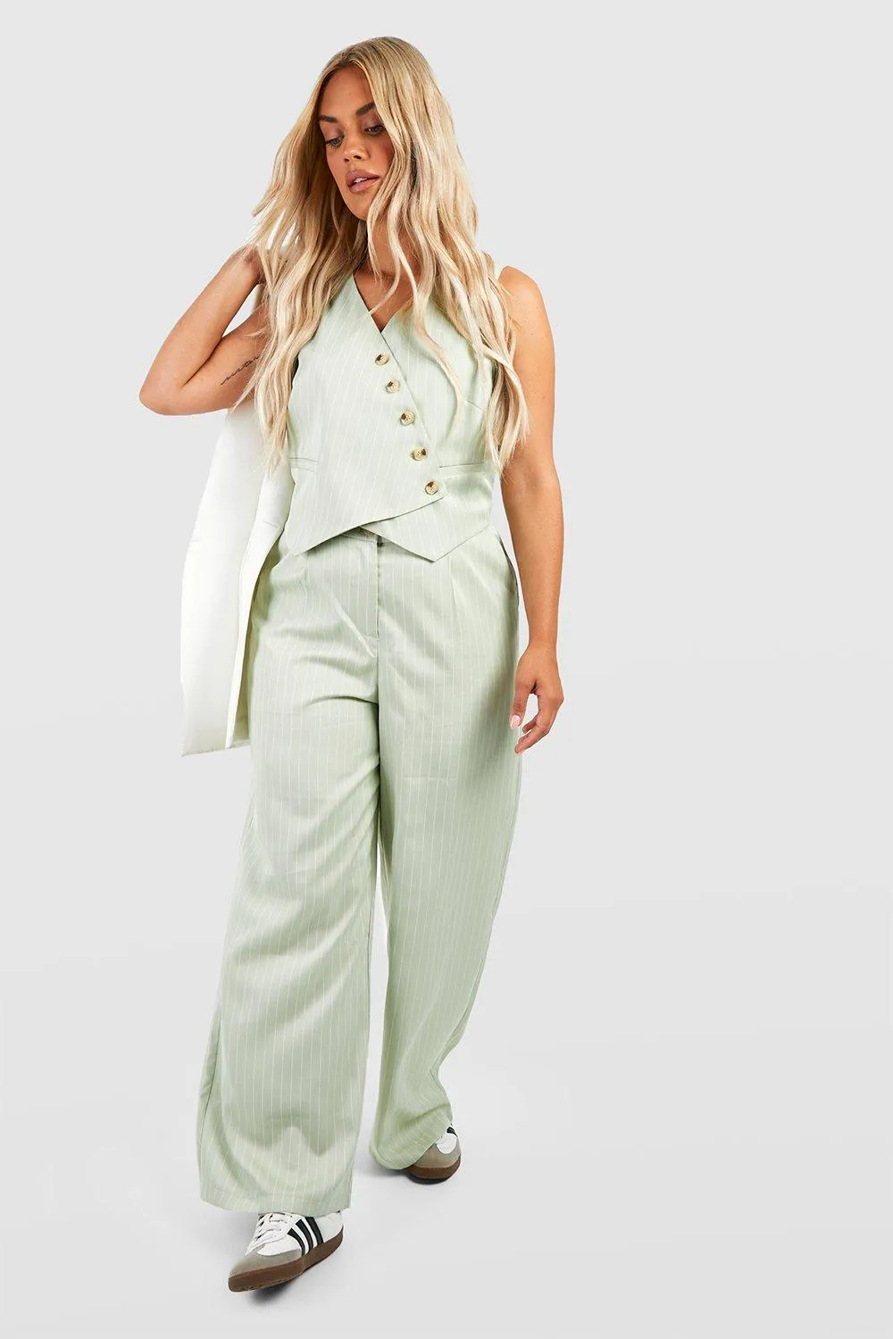 Plus Pinstripe Button Detail Tailored Wide Leg Pants