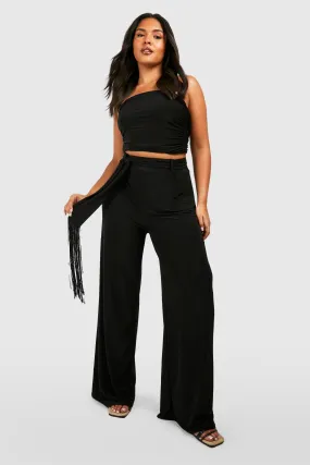 Plus Tassel Belt Detail Slinky Wide Leg Pants