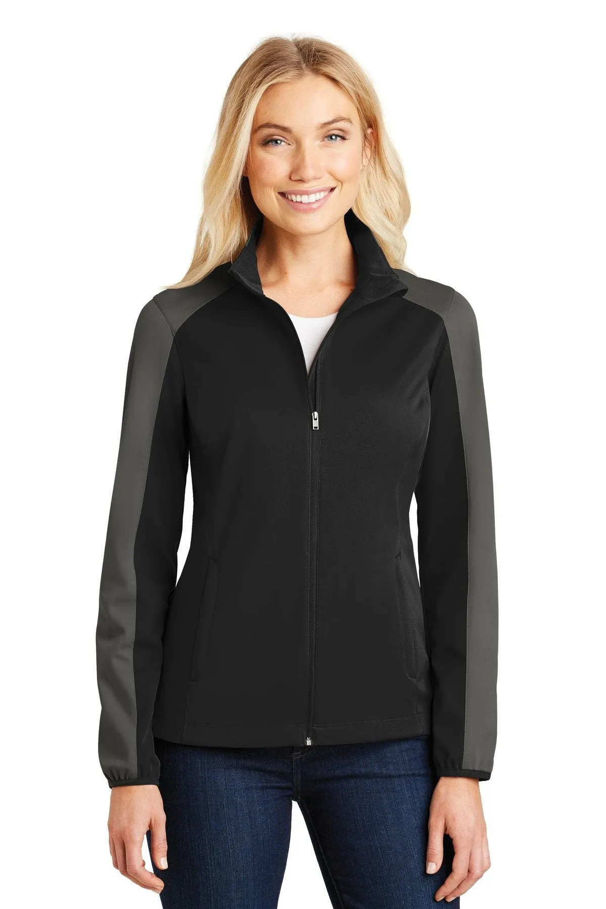 Port Authority Ladies Active Colorblock Soft Shell Jacket L718 Deep Black/ Grey Steel