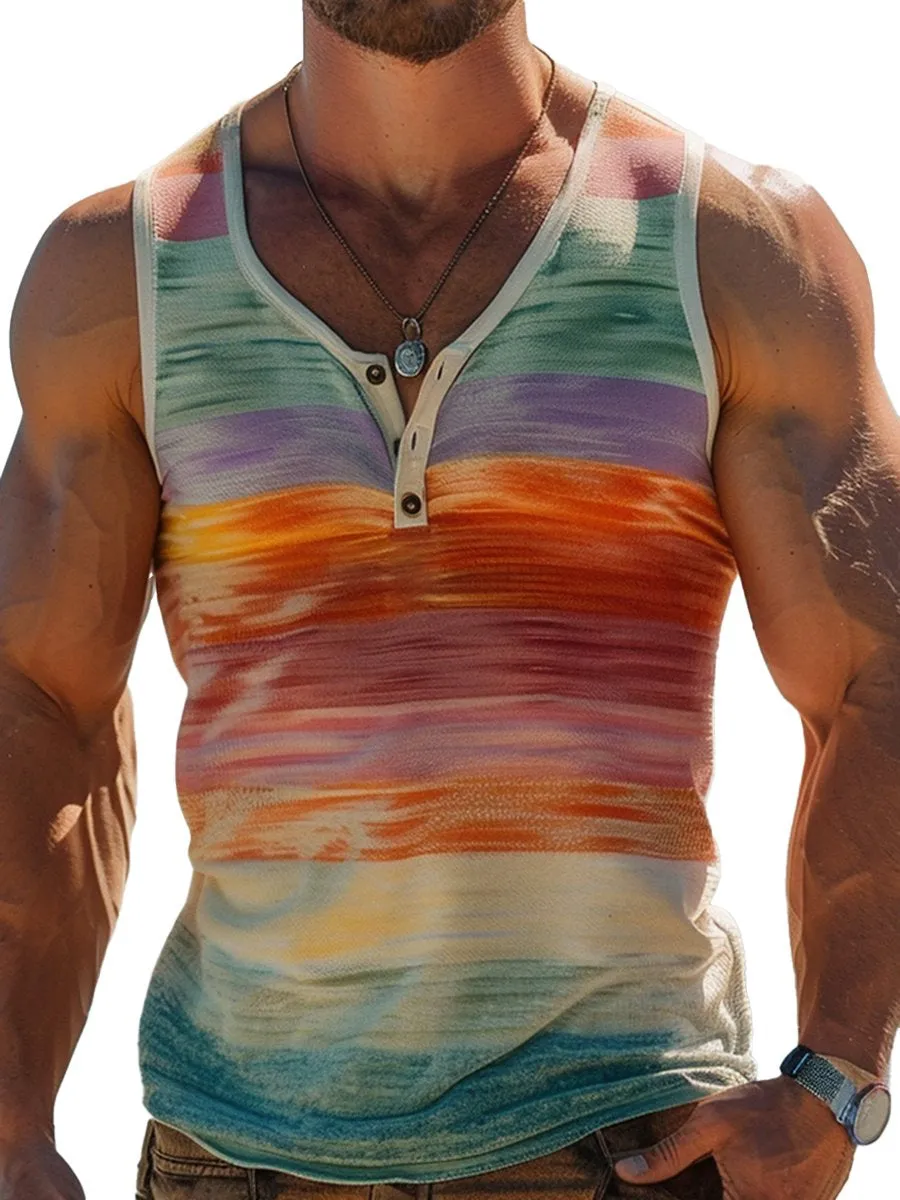 Rainbow Stripe Print Sleeveless Henley Tank Top