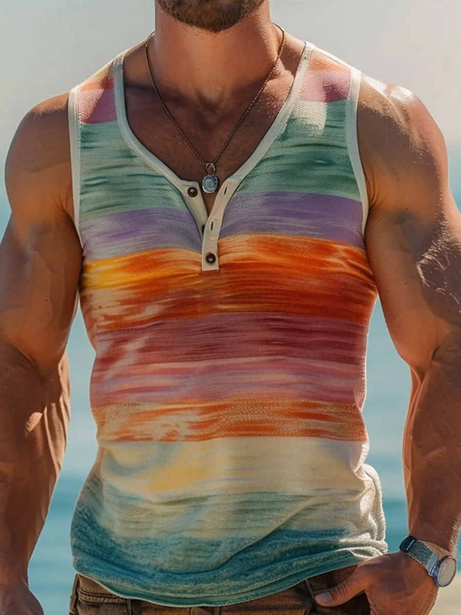 Rainbow Stripe Print Sleeveless Henley Tank Top