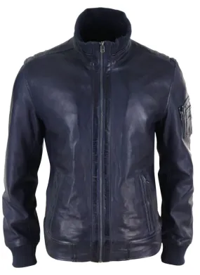 Real Leather Autumn Jacket with High Neck for Mens - Navy Color