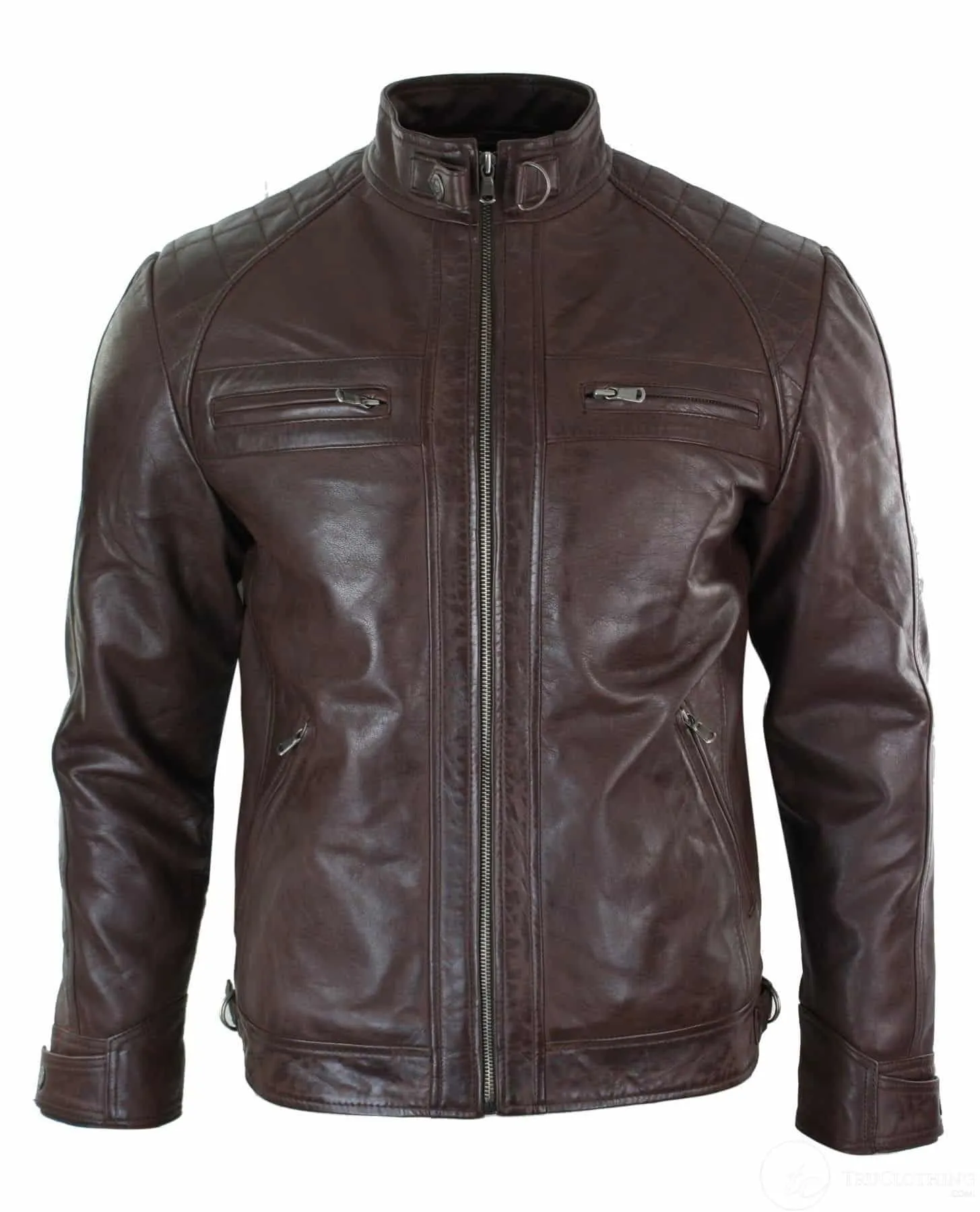 Real Leather Retro Style Zipped Mens Biker Jacket Soft Black Casual-Brown