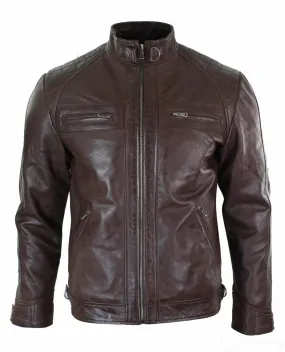 Real Leather Retro Style Zipped Mens Biker Jacket Soft Black Casual-Brown