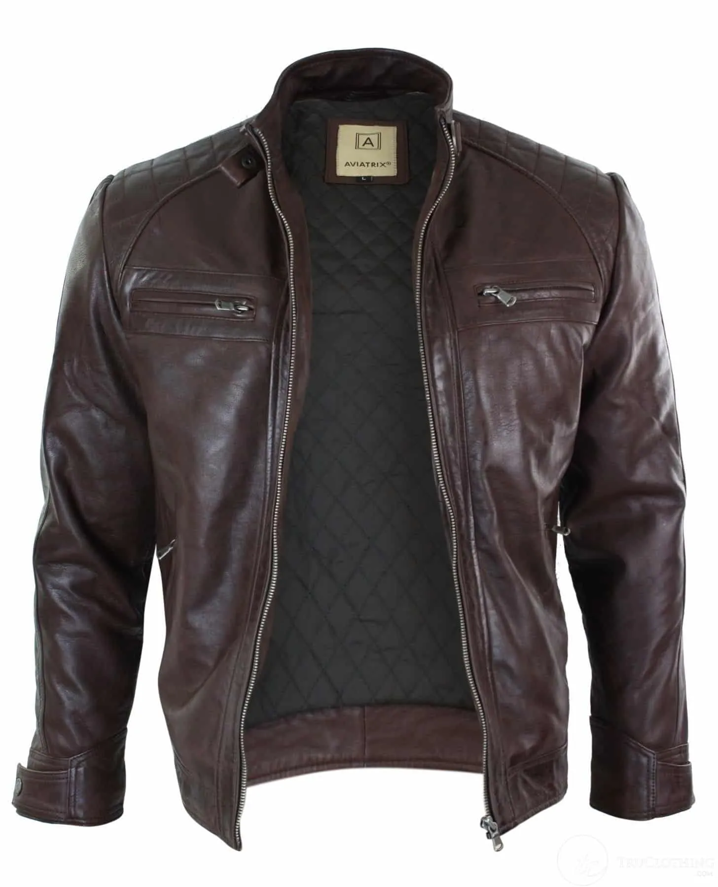 Real Leather Retro Style Zipped Mens Biker Jacket Soft Black Casual-Brown