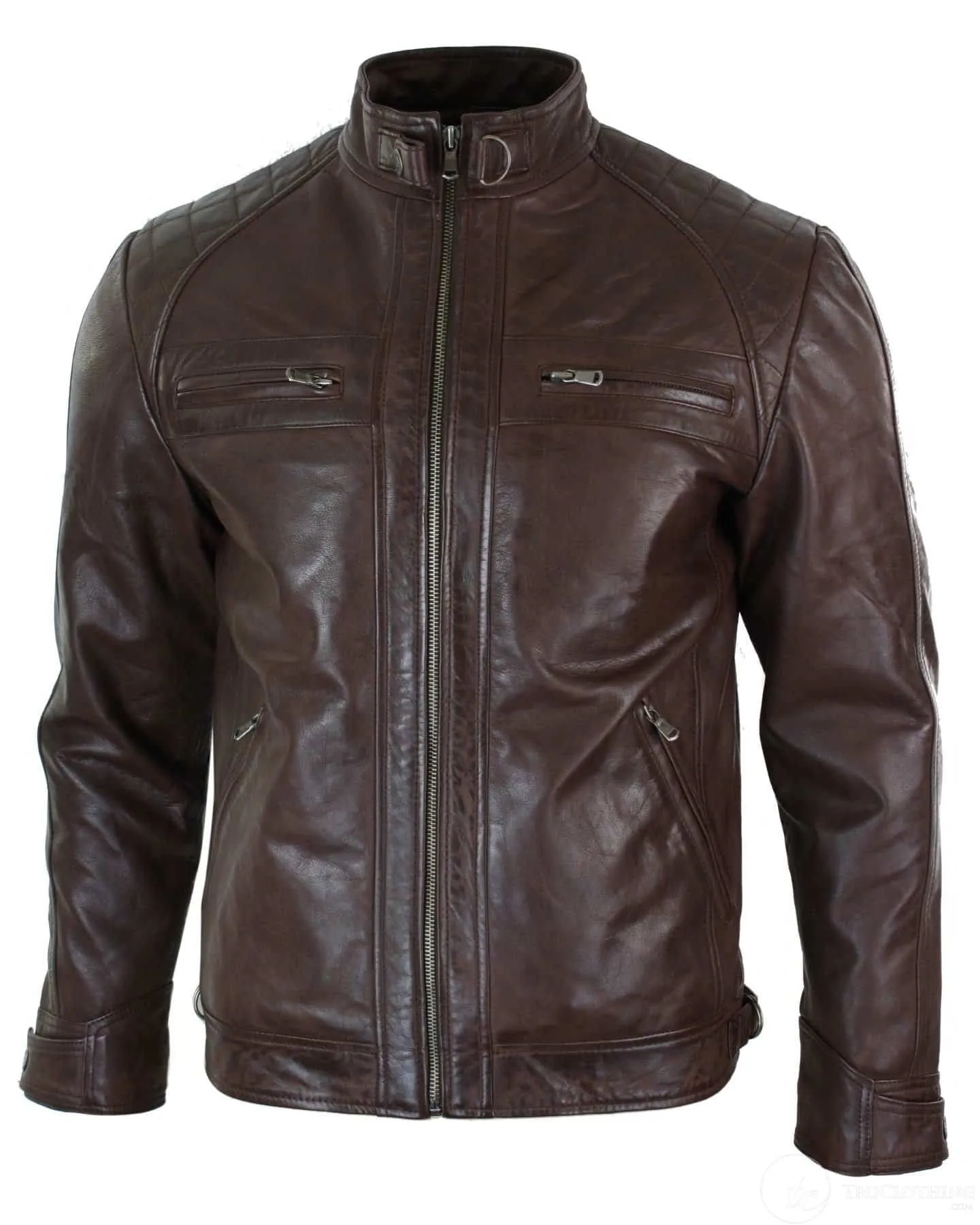 Real Leather Retro Style Zipped Mens Biker Jacket Soft Black Casual-Brown