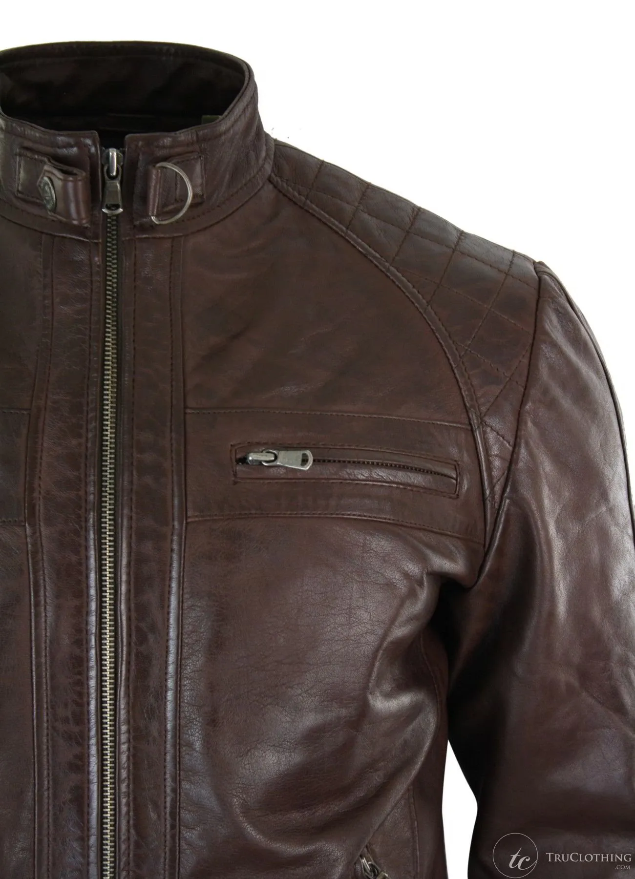 Real Leather Retro Style Zipped Mens Biker Jacket Soft Black Casual-Brown