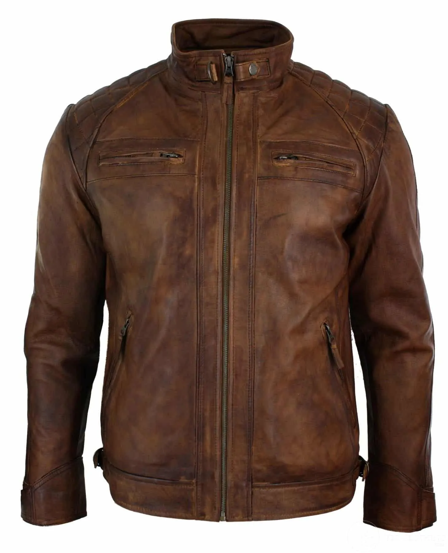 Real Leather Retro Style Zipped Mens Biker Jacket Soft Timber Vintage Look