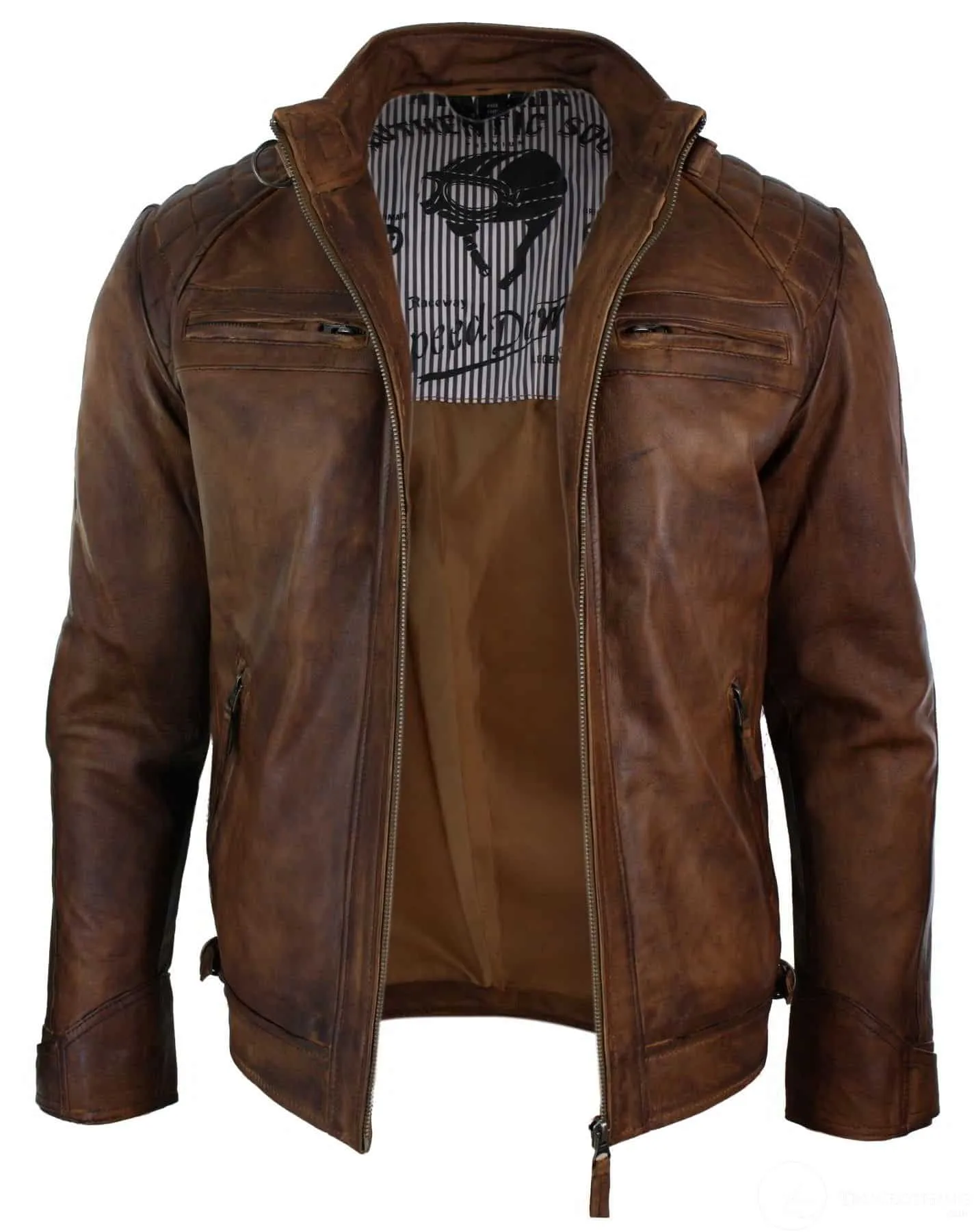 Real Leather Retro Style Zipped Mens Biker Jacket Soft Timber Vintage Look