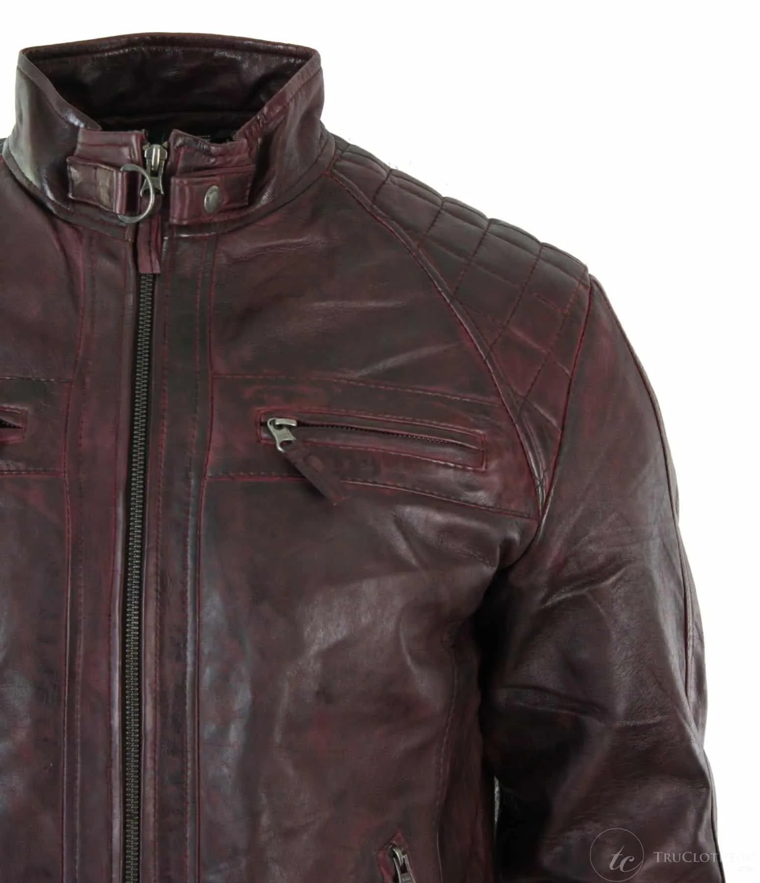 Real Leather Retro Style Zipped Mens Biker Jacket Soft Wine Vintage Look