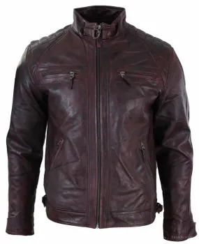 Real Leather Retro Style Zipped Mens Biker Jacket Soft Wine Vintage Look