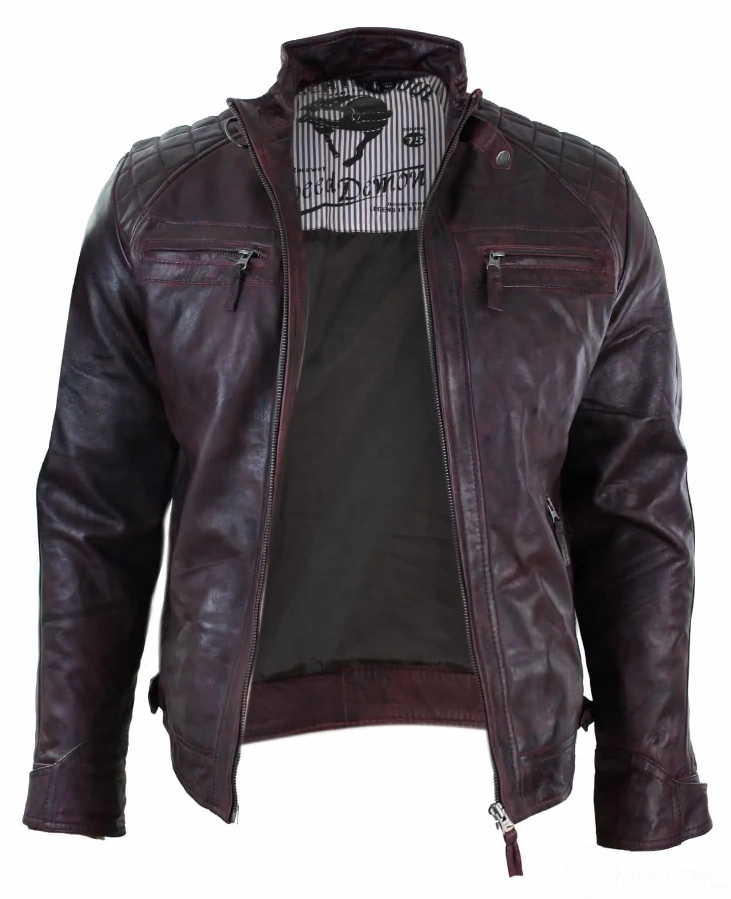 Real Leather Retro Style Zipped Mens Biker Jacket Soft Wine Vintage Look