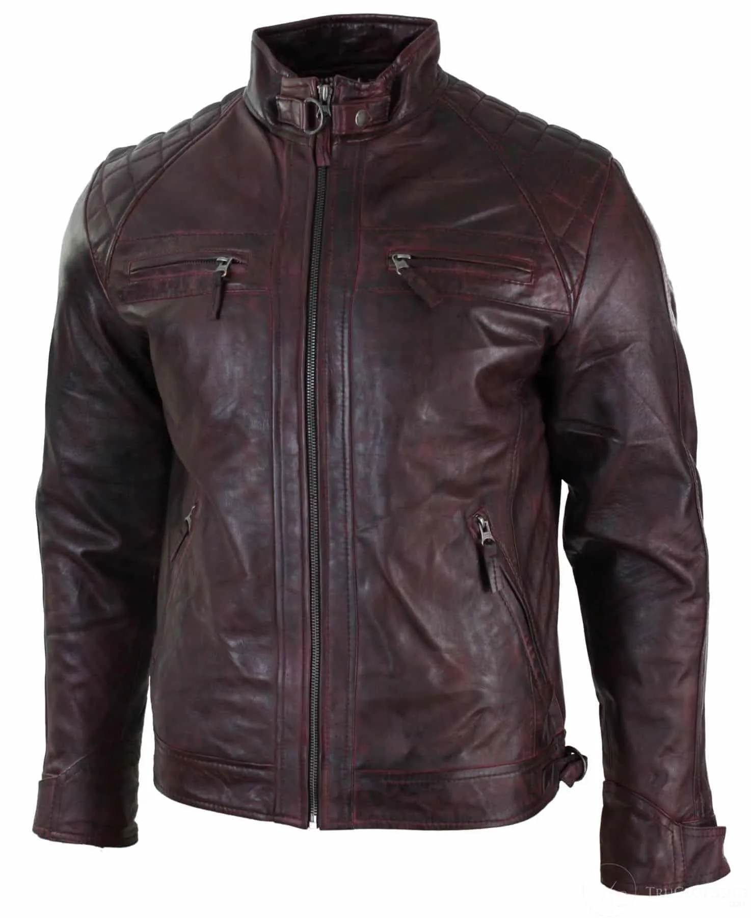 Real Leather Retro Style Zipped Mens Biker Jacket Soft Wine Vintage Look