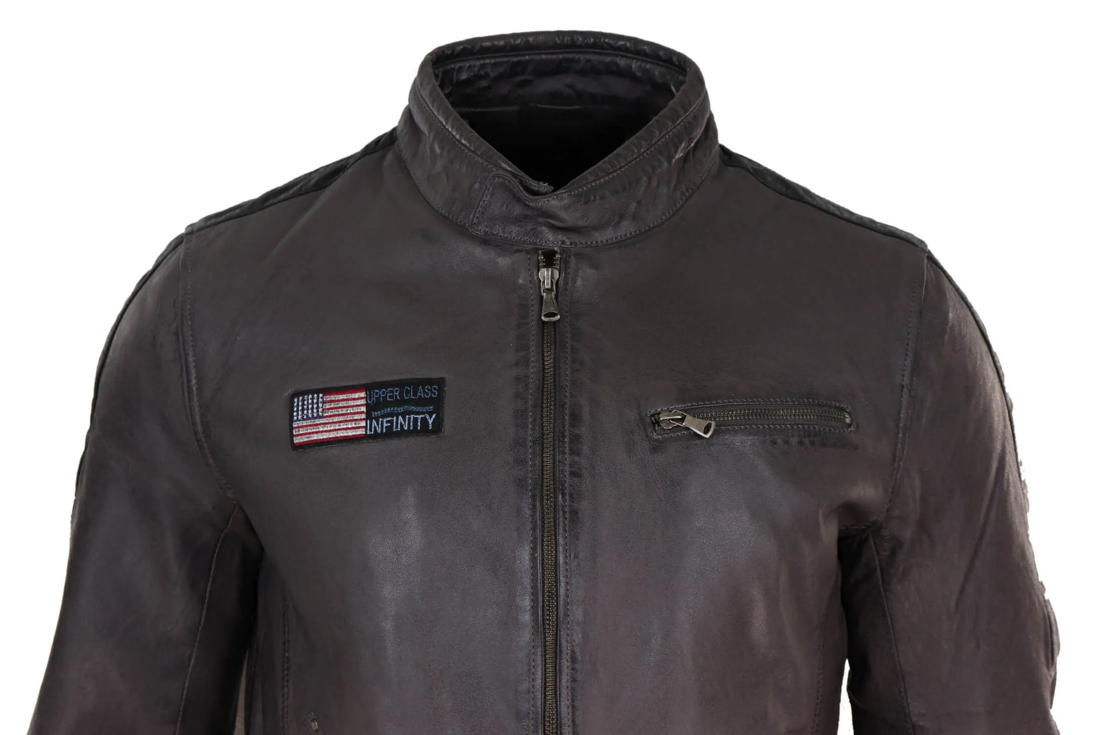 Real Leather Short Racing Mens Grey Jacket