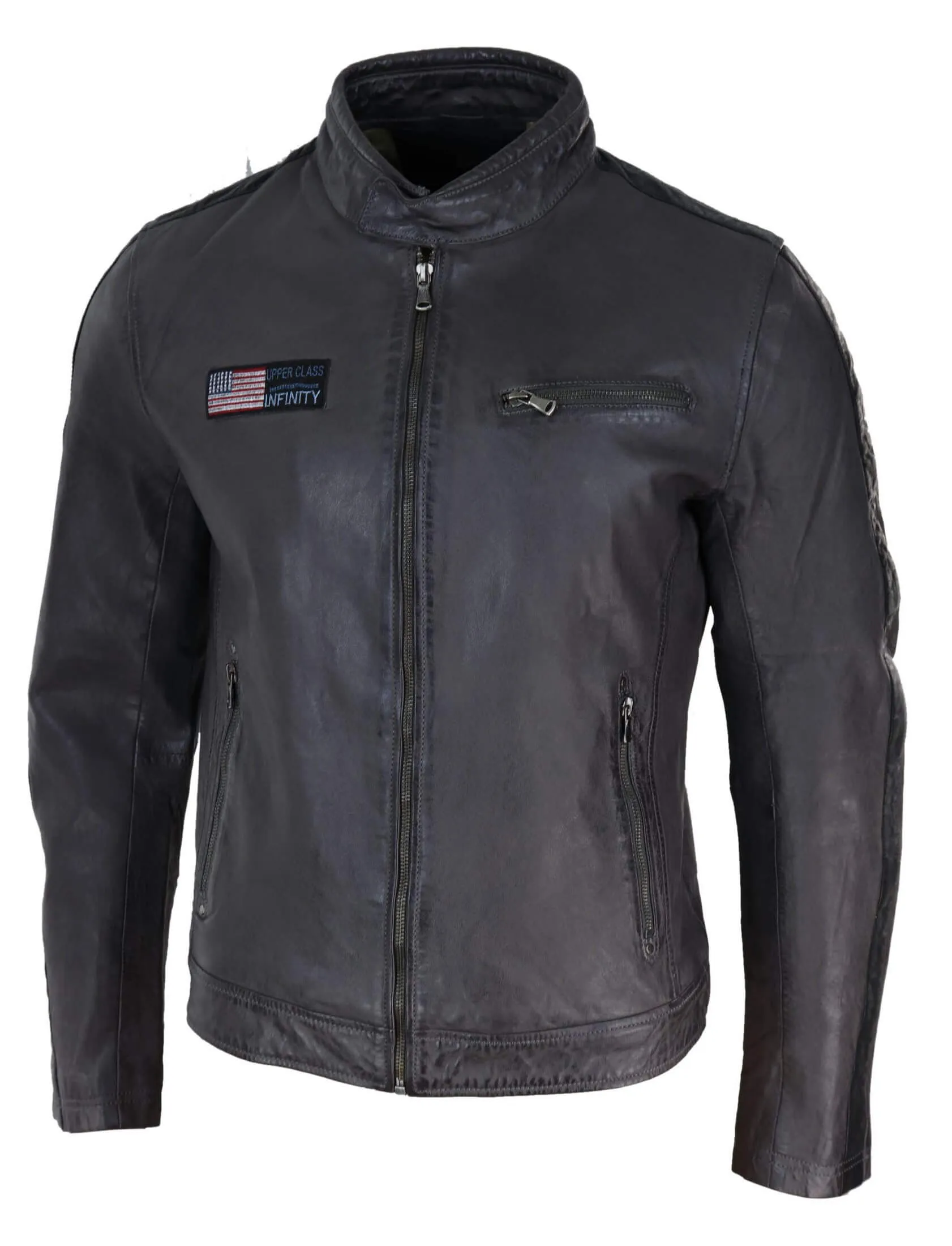 Real Leather Short Racing Mens Grey Jacket