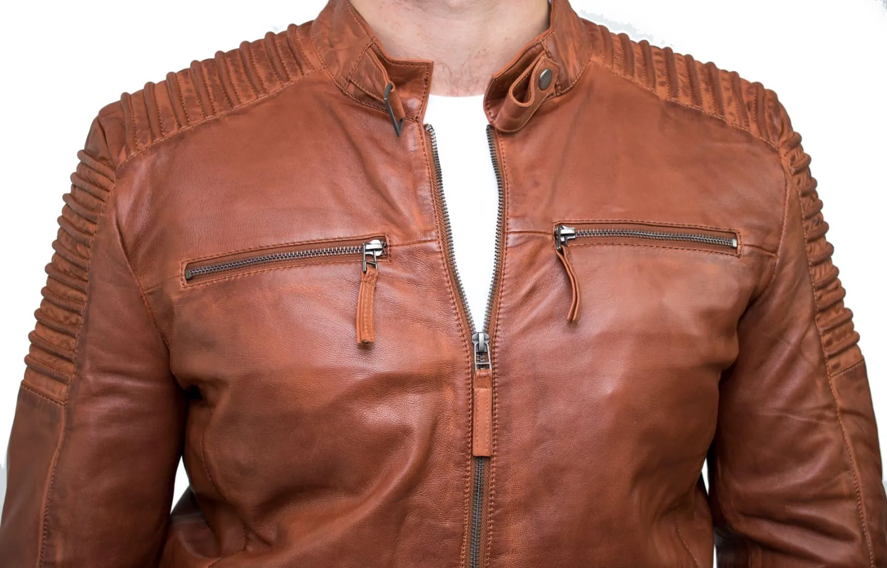 Real Leather Slim Fit Tan Brown Washed Vintage Mens Jacket Zipped Casual