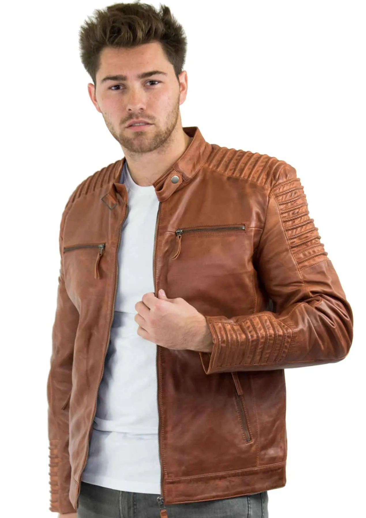 Real Leather Slim Fit Tan Brown Washed Vintage Mens Jacket Zipped Casual