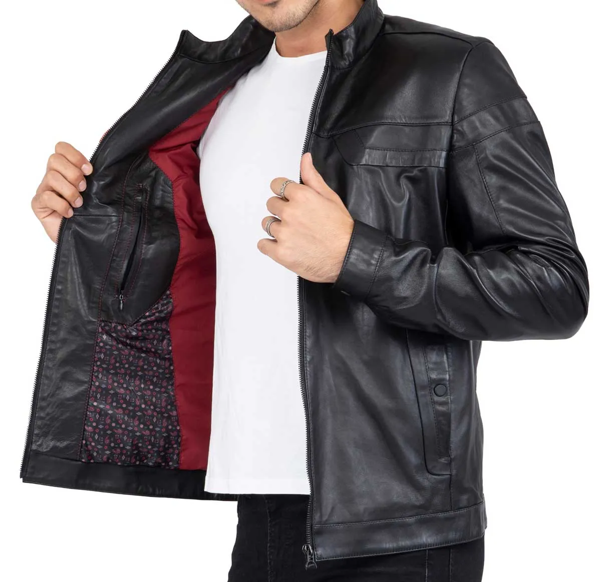 Real Leather Tailored Fit Mens Black Biker Jacket - B202