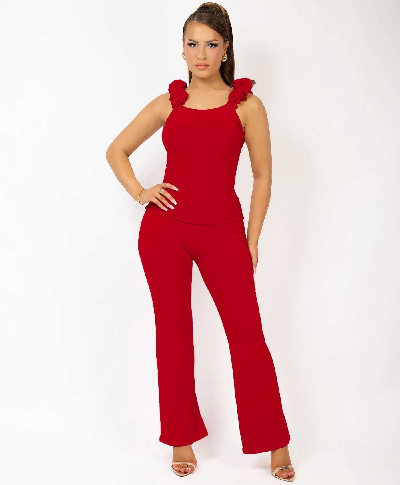 Red Ruched Vest Top And Flare Trousers Set