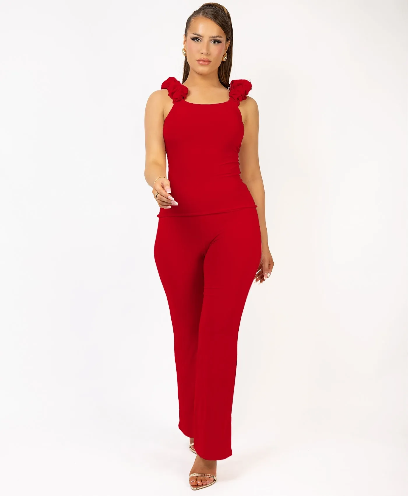 Red Ruched Vest Top And Flare Trousers Set