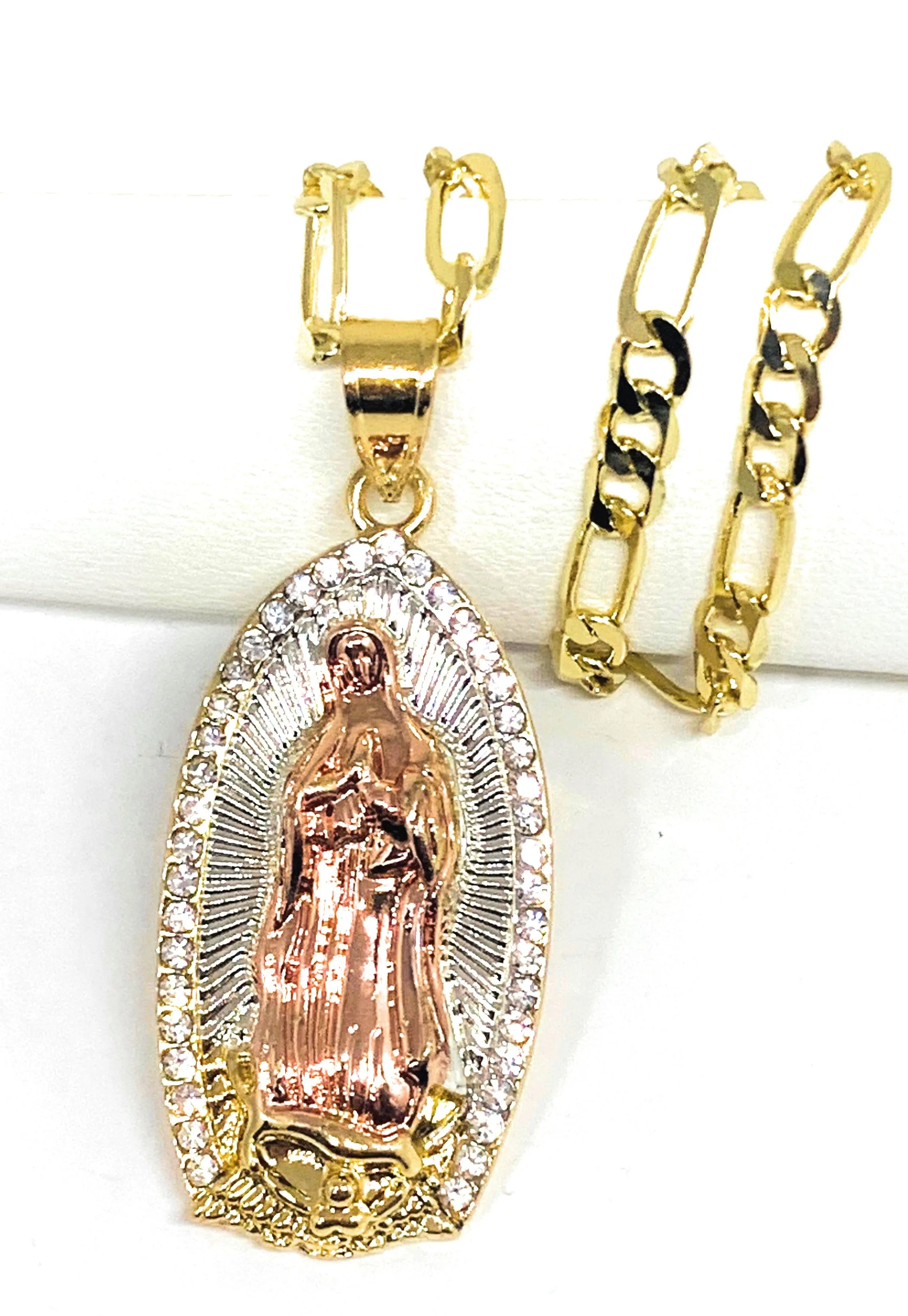 Rose Gold Plated Virgin Mary Pendant Necklace Figaro 24 Virgen de Guadalupe