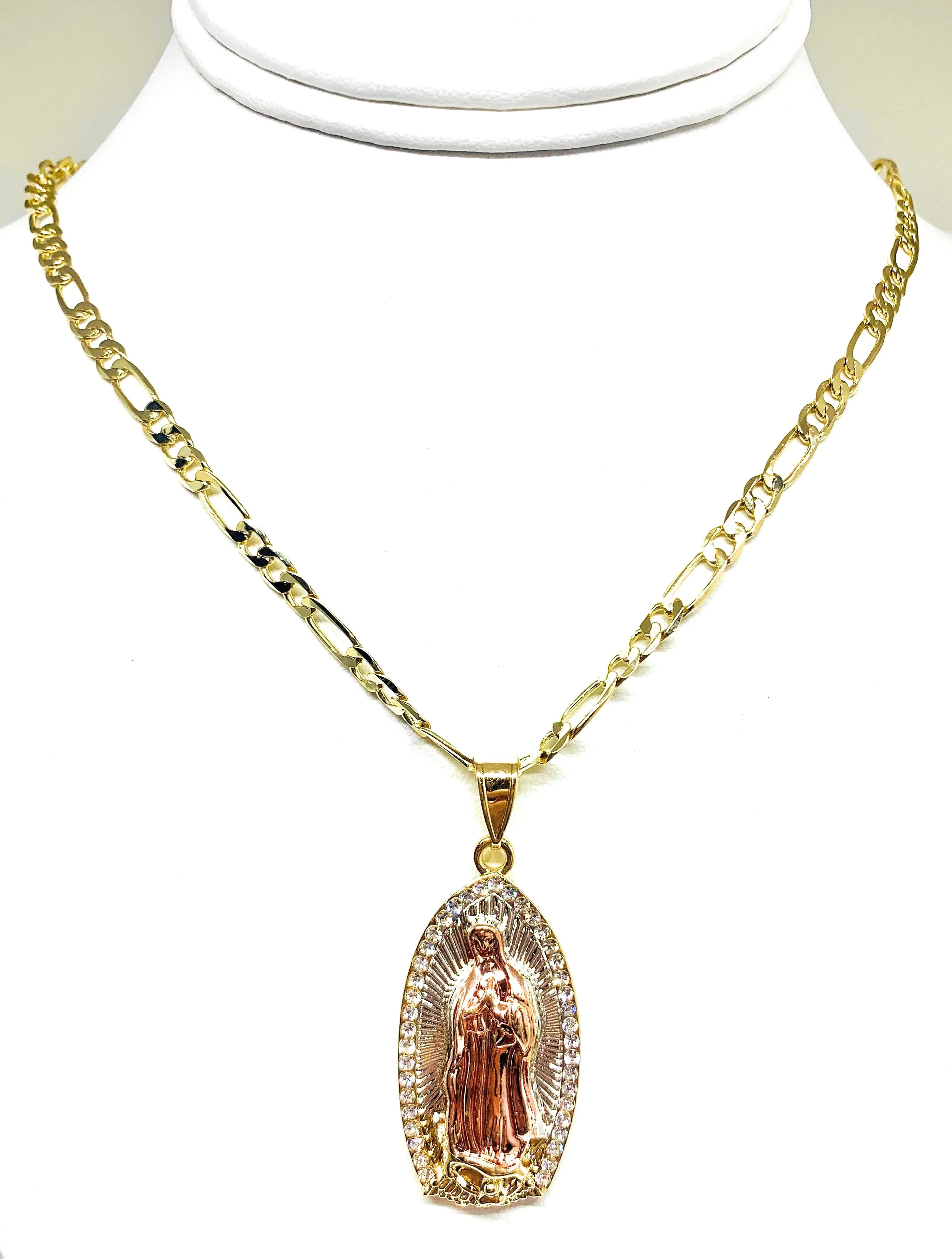 Rose Gold Plated Virgin Mary Pendant Necklace Figaro 24 Virgen de Guadalupe