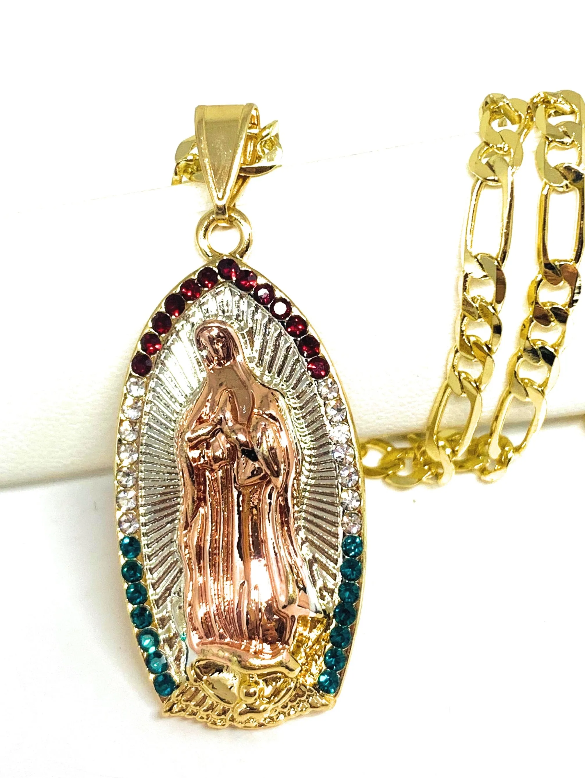 Rose Gold Plated Virgin Mary Pendant Necklace Figaro 24 Virgen de Guadalupe