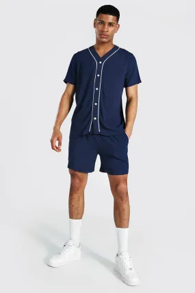 Short Sleeve Viscose Baseball Shirt And Short | boohooMAN UK
