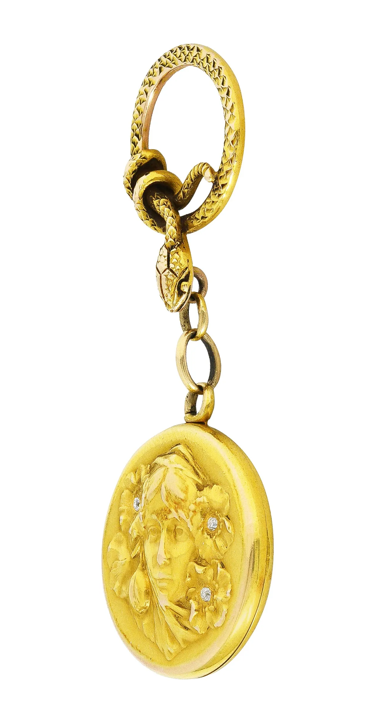 Shreve & Co. Art Nouveau Diamond 14 Karat Yellow Gold Snake Woman Antique Locket Pendant