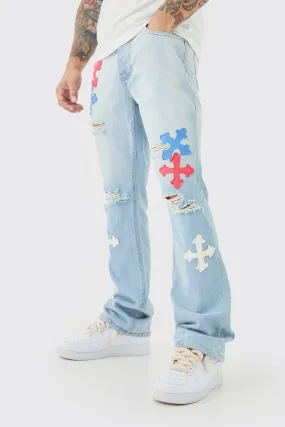 Slim Rigid Flare Applique Jeans In Ice Blue