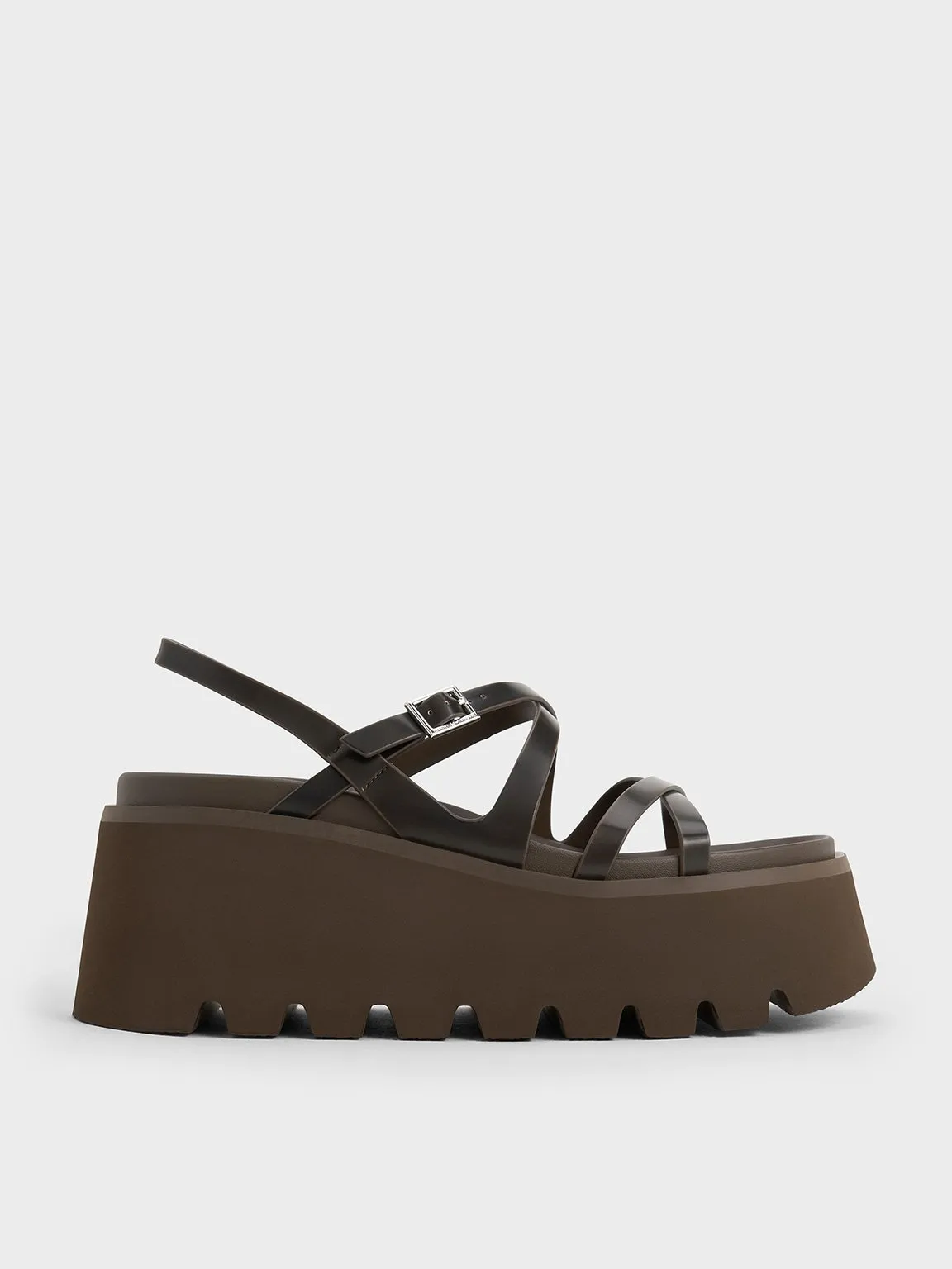 Strappy Crossover Flatform Sandals - Dark Brown