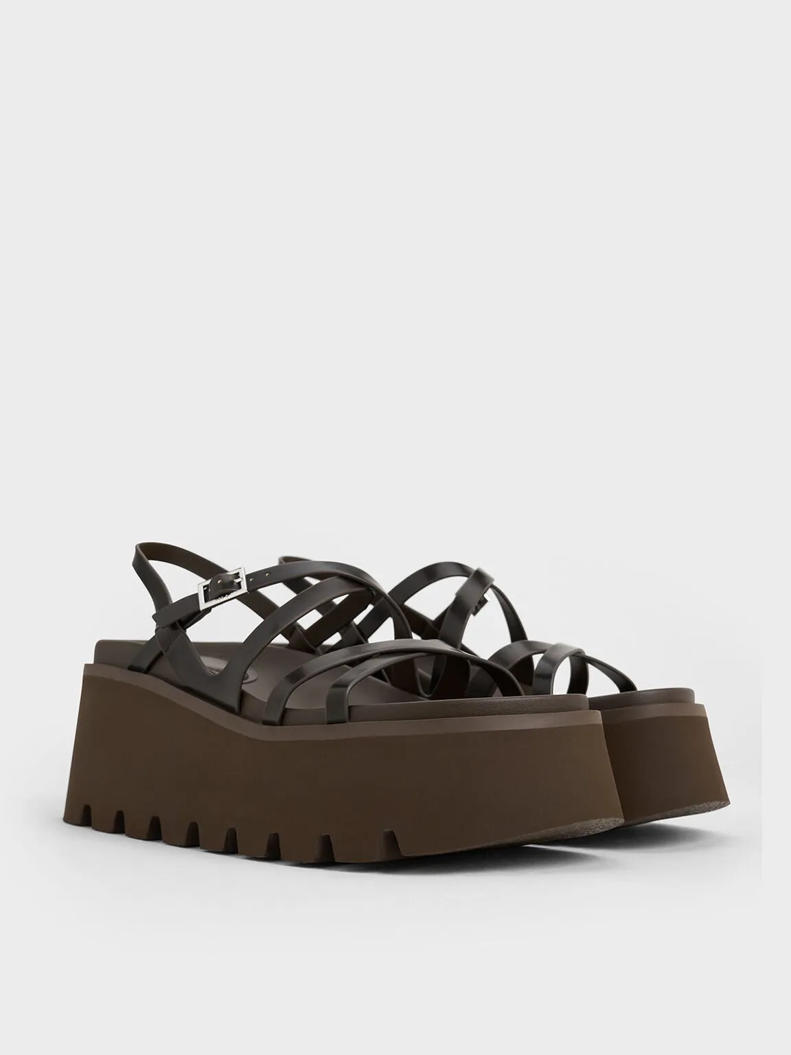 Strappy Crossover Flatform Sandals - Dark Brown