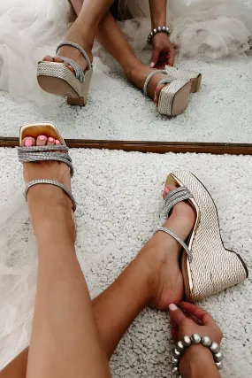 Summer Glow-Up Rhinestone Strap Braided Wedge Sandals (Gold Metallic)