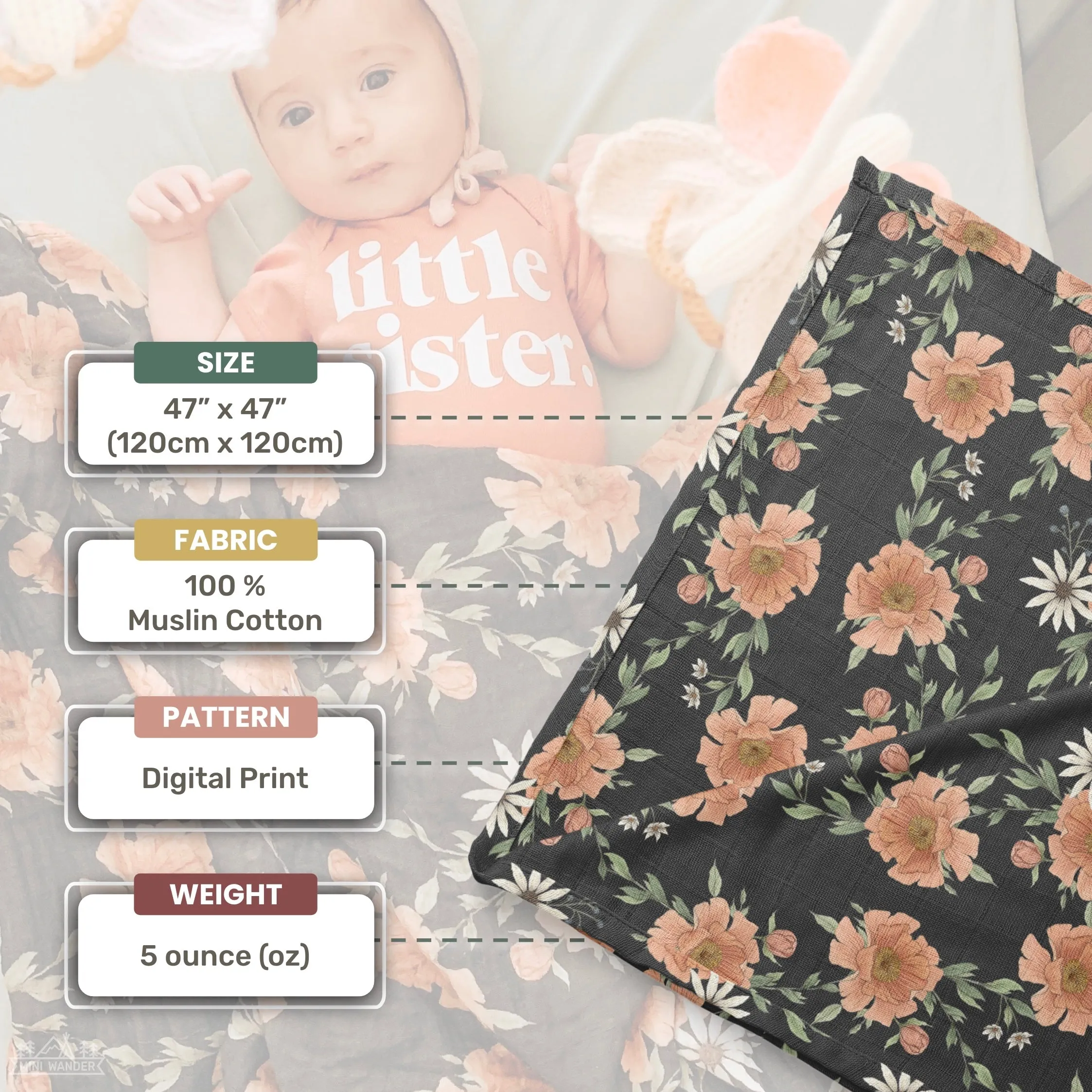 The Mini Wander Swaddle Blanket - Peony Blooms (Various)