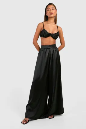 Thick Waistband Satin Floaty Wide Leg Pants