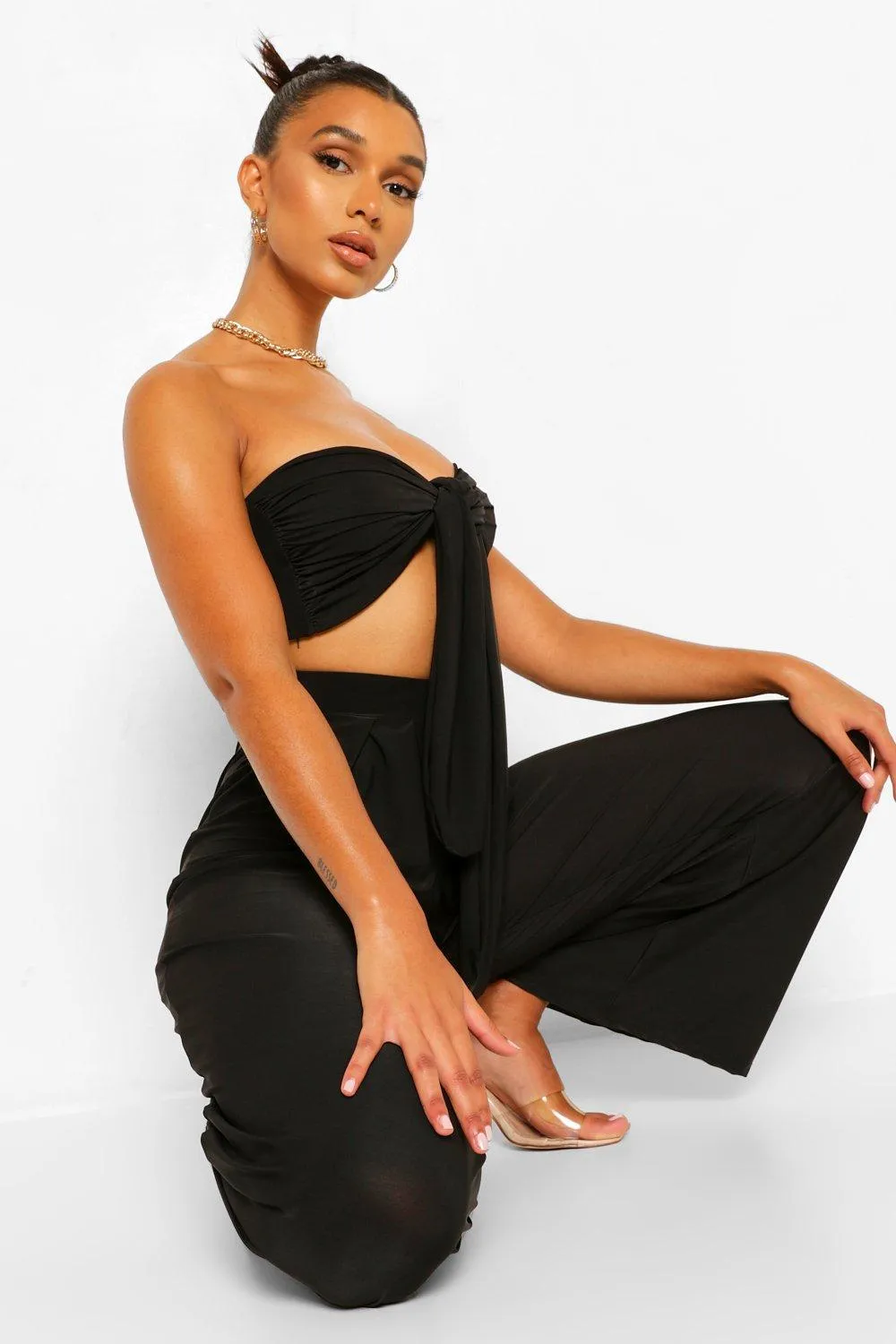 Tie Front Crop Top And Wide Leg Pants Two-Piece