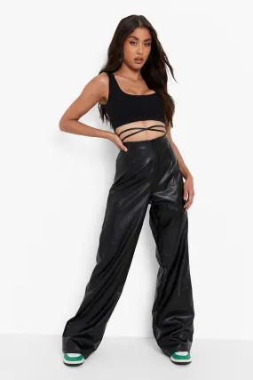 Tie Waist Faux Leather Pu Wide Leg Pants