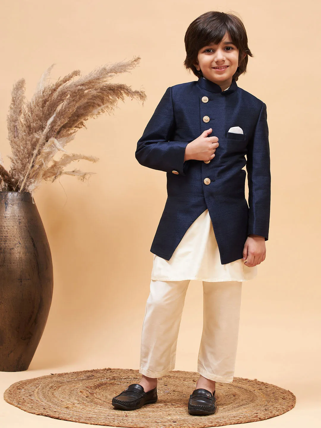 VASTRAMAY Boy's Navy Blue Indo Western Jacket With Cream Kurta And Pyjama Set