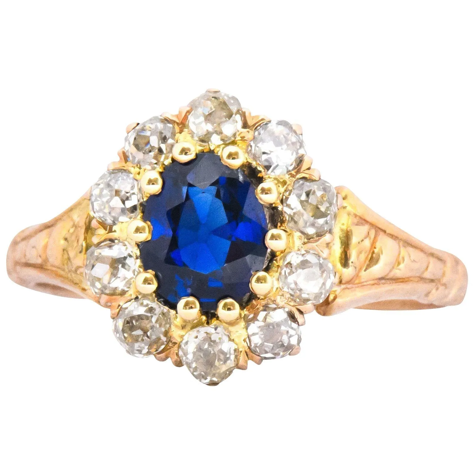 Victorian 1.57 CTW Sapphire Old Mine Cut Diamond 14 Karat Gold Cluster Ring