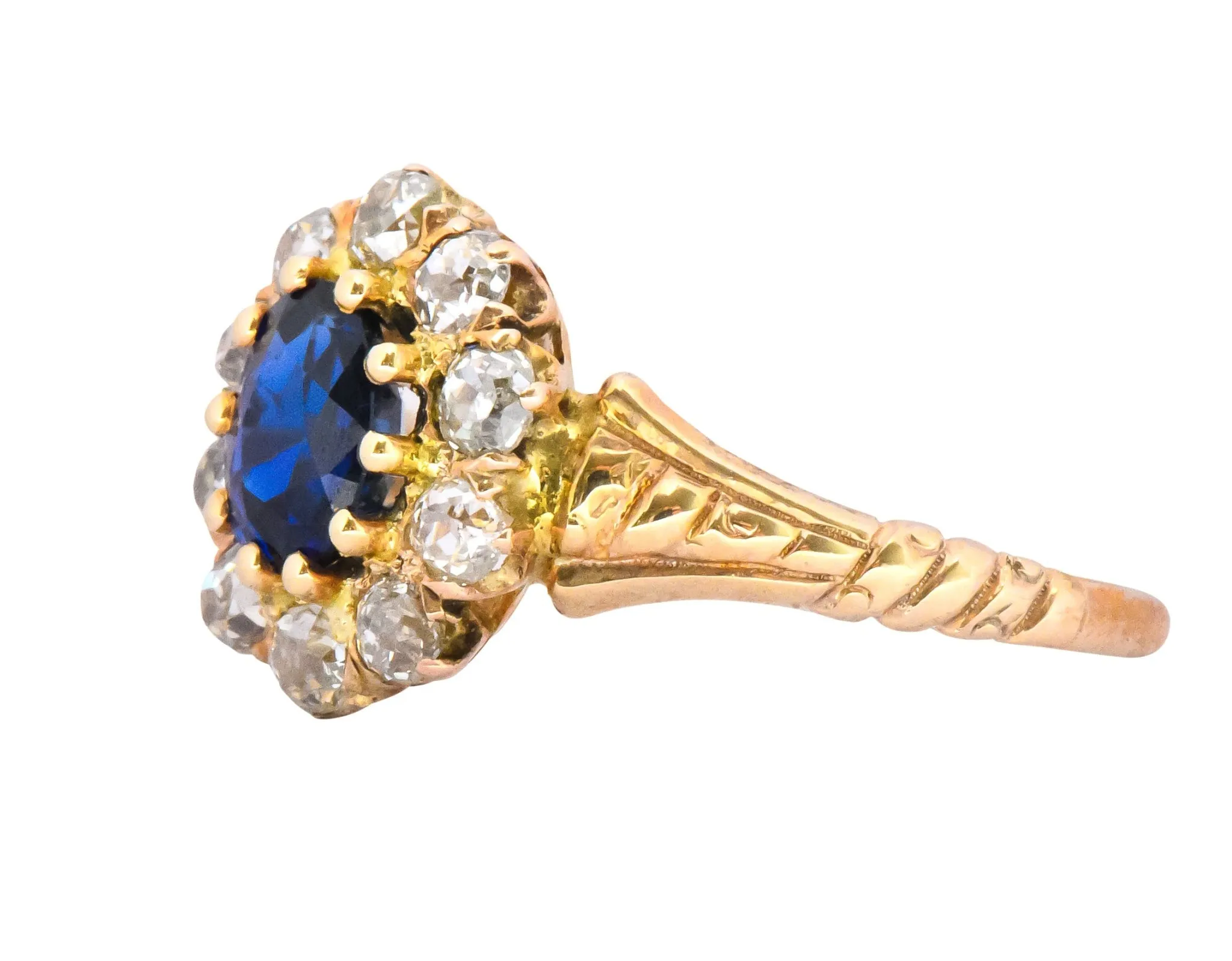 Victorian 1.57 CTW Sapphire Old Mine Cut Diamond 14 Karat Gold Cluster Ring