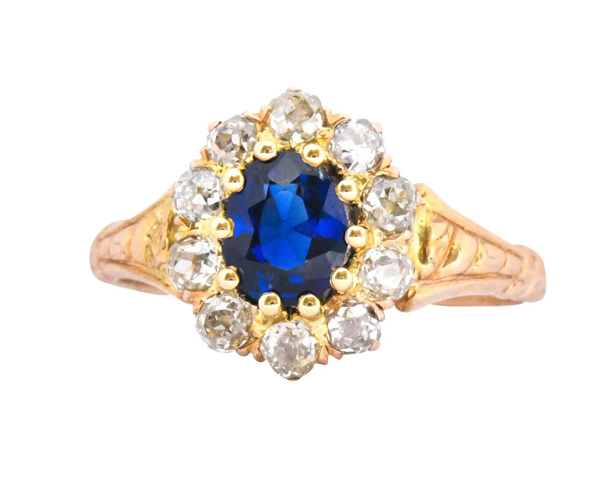 Victorian 1.57 CTW Sapphire Old Mine Cut Diamond 14 Karat Gold Cluster Ring