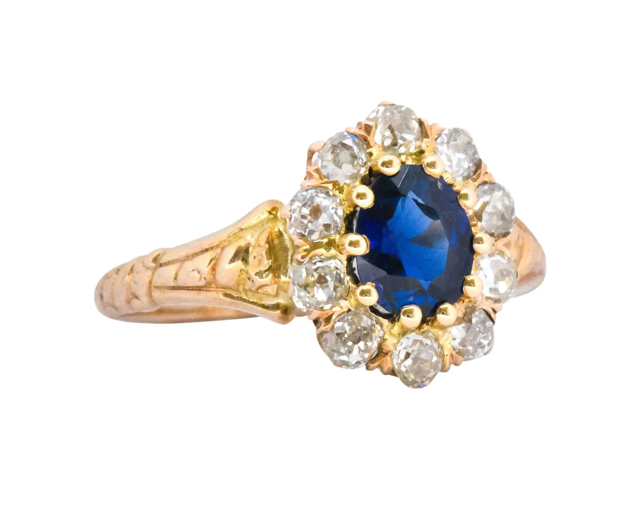 Victorian 1.57 CTW Sapphire Old Mine Cut Diamond 14 Karat Gold Cluster Ring