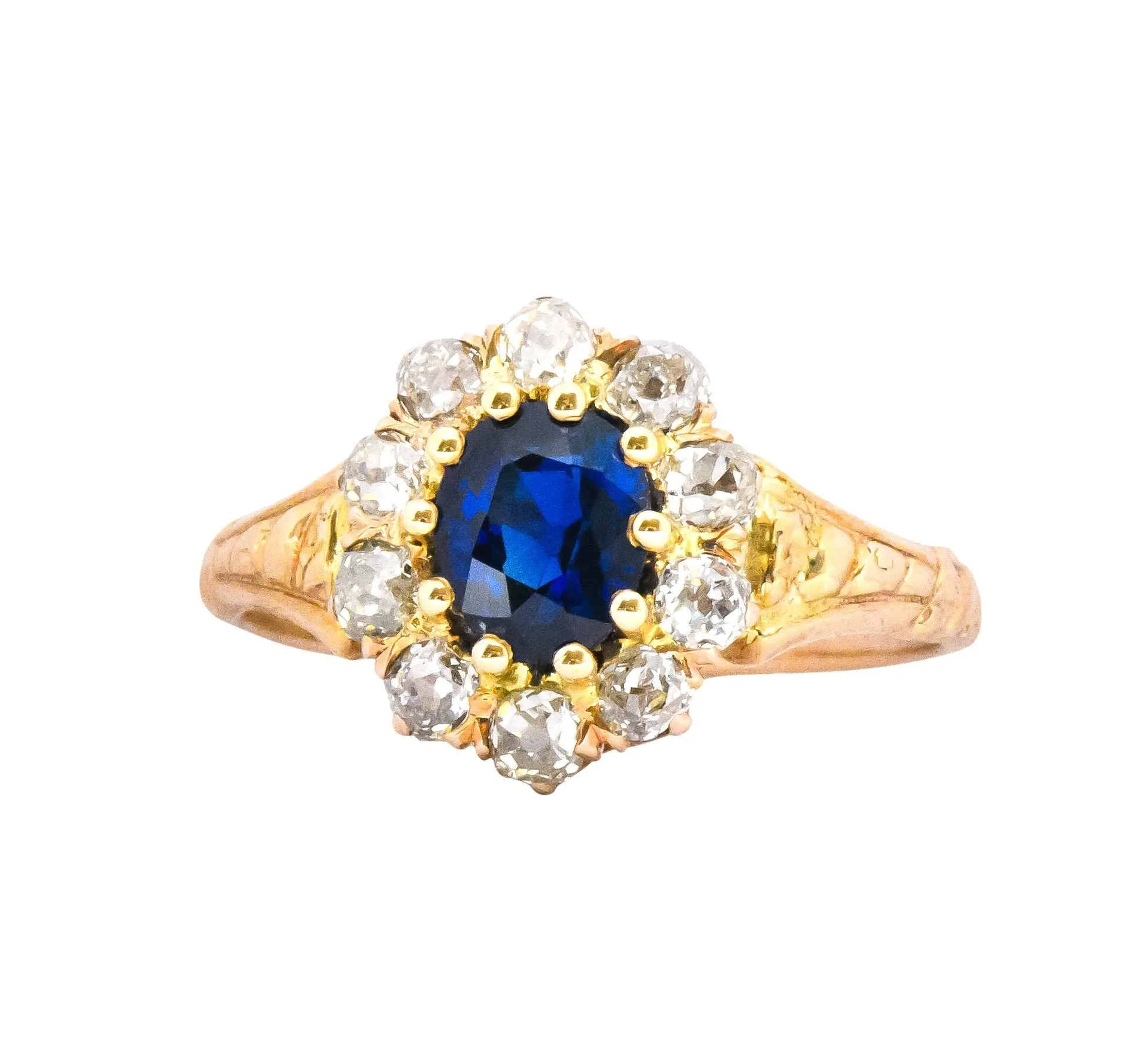 Victorian 1.57 CTW Sapphire Old Mine Cut Diamond 14 Karat Gold Cluster Ring