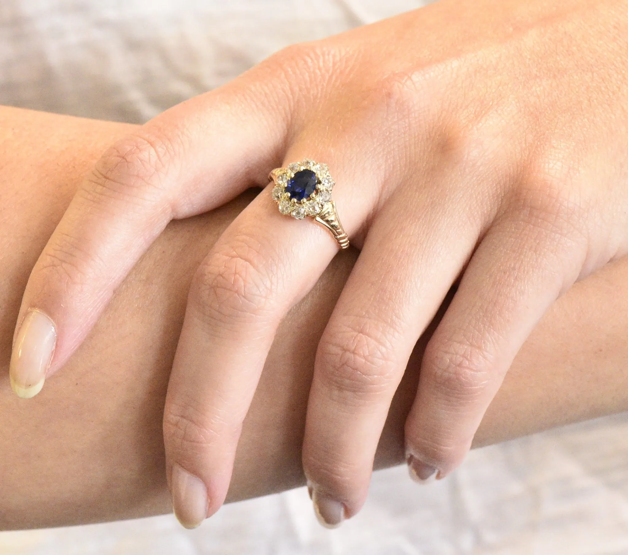 Victorian 1.57 CTW Sapphire Old Mine Cut Diamond 14 Karat Gold Cluster Ring