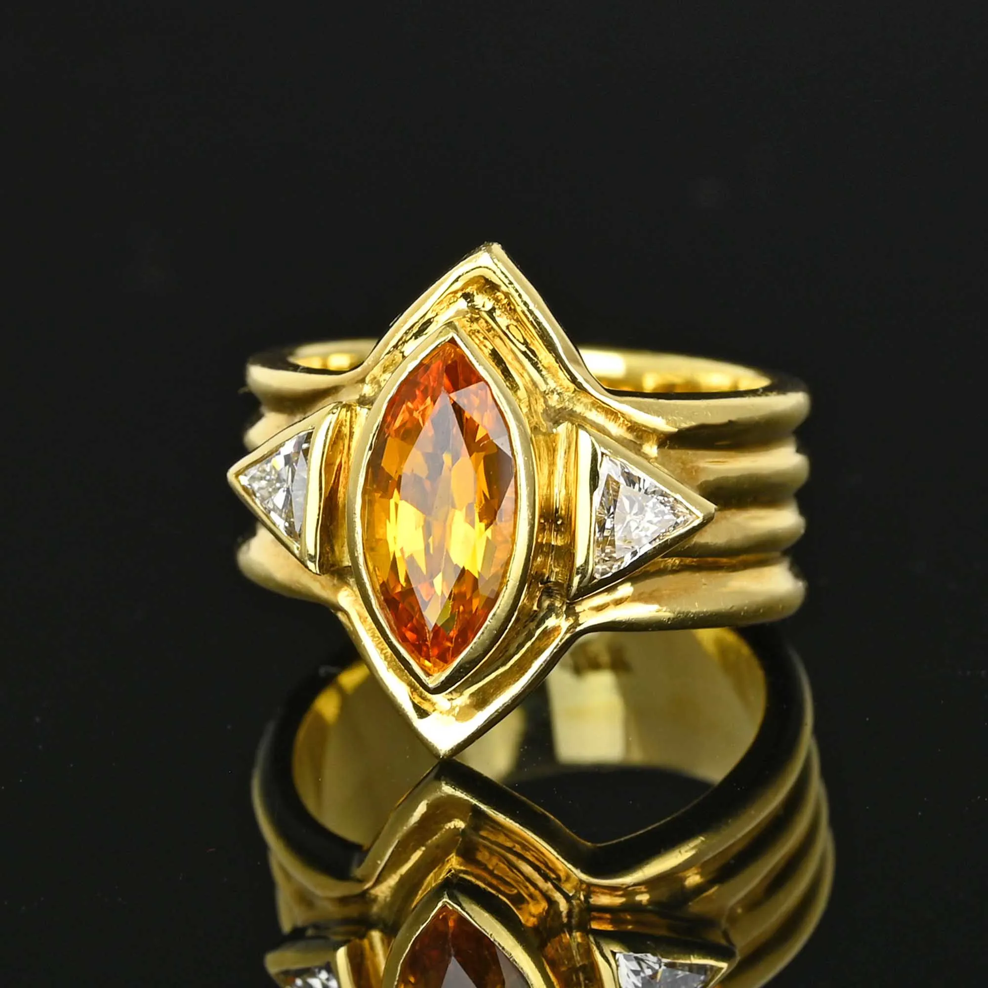 Vintage 18K Gold Trillion Diamond Citrine Ring, Wide Band