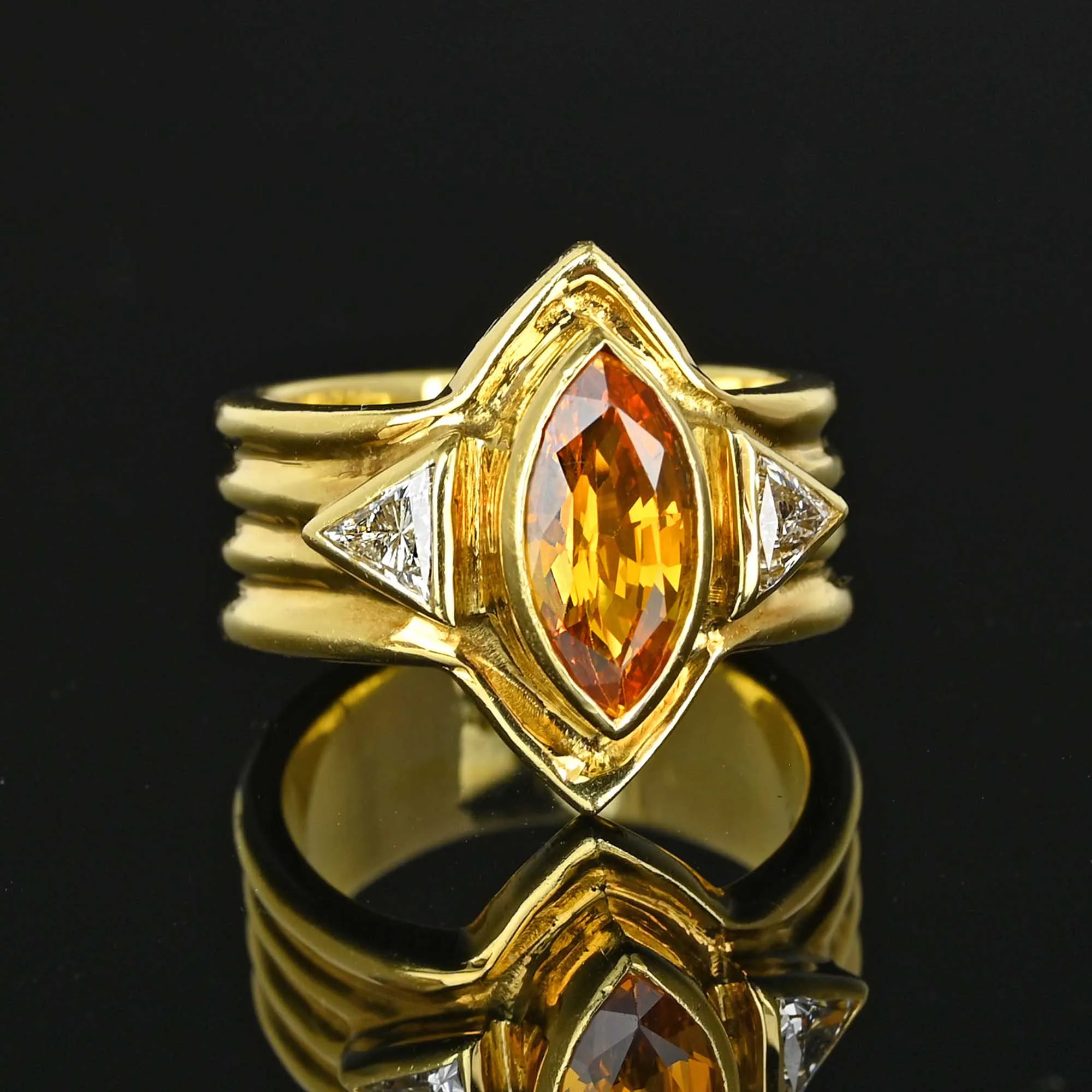 Vintage 18K Gold Trillion Diamond Citrine Ring, Wide Band